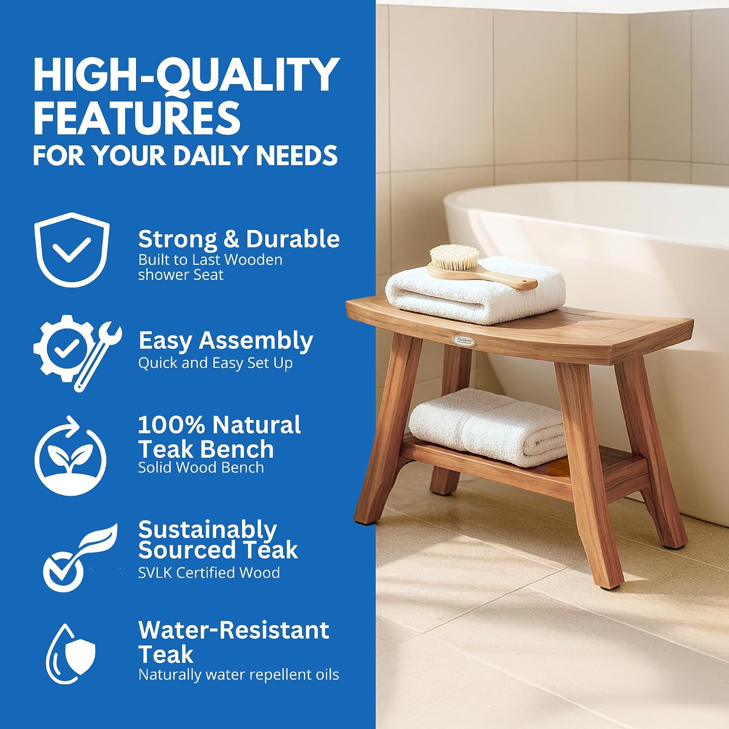 EcoDecors 28' Satori Teak Shower Bench –Bath Seat, Natural Wood Finish Water-Resistant Spa Bench | Slatted Design & Adjustable Feet for Indoor Outdoor Use | Sturdy & Safe