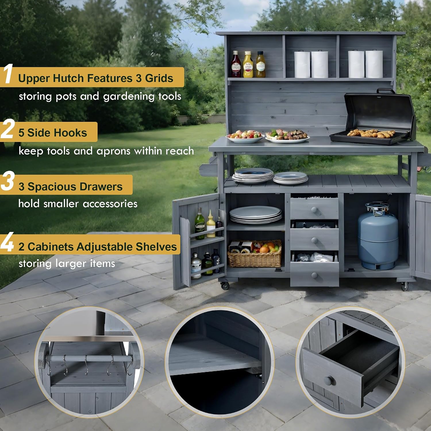 Versatile Garden Potting Bench with Stainless Steel Countertop, Outdoor Workstation for BBQ & Patio Cooking, Mobile Storage Cart Kitchen Island with Wheels (Gray/B)