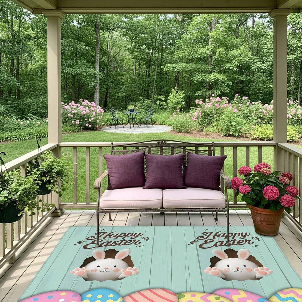 Green Easter Outdoor Rug for Patio/Deck/Porch, Non-Slip Large Area Rug 5 x 7 Ft, Spring Cartoon Bunny Colorful Eggs Wood Grain Indoor Outdoor Rugs Washable Area Rugs, Camping Rug Carpet Runner