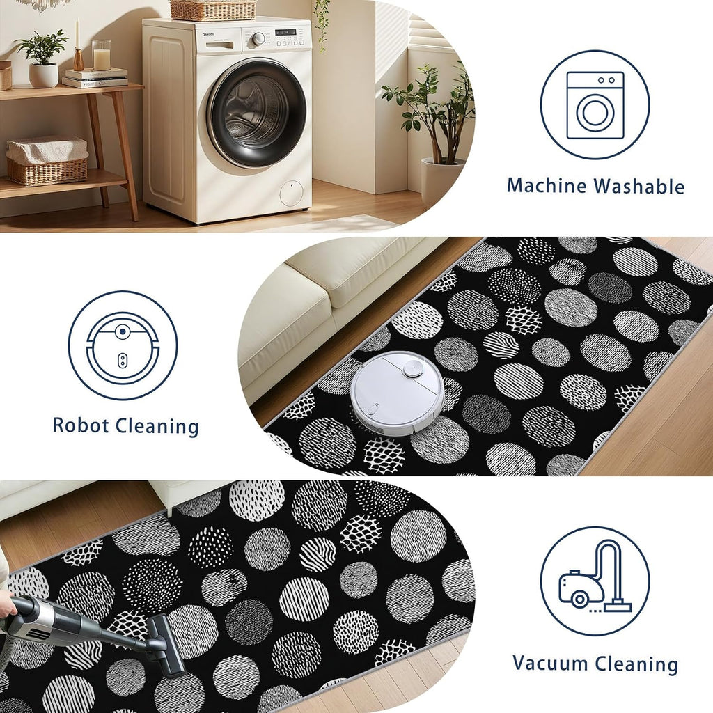 Polka Dot Runner Rug for Hallway - 3x10 Washable Rug Runner Non Slip - Geometric Modern Minimalist Kitchen Rugs - Black and White Dots Carpet Runners for Hallway, Laundry Room, Bedroom