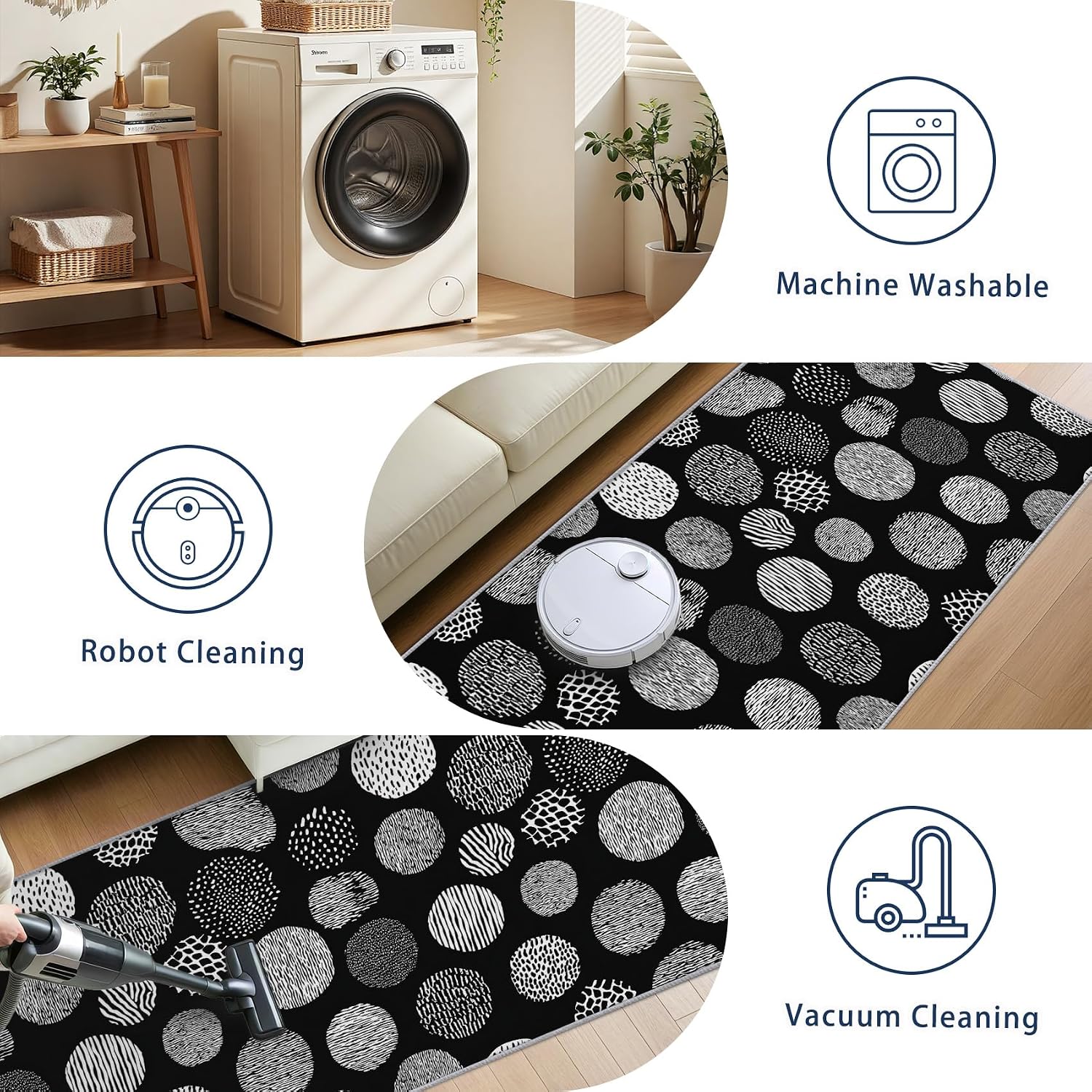 Polka Dot Runner Rug for Hallway - 3x12 Washable Rug Runner Non Slip - Geometric Modern Minimalist Kitchen Rugs - Black and White Dots Carpet Runners for Hallway, Laundry Room, Bedroom