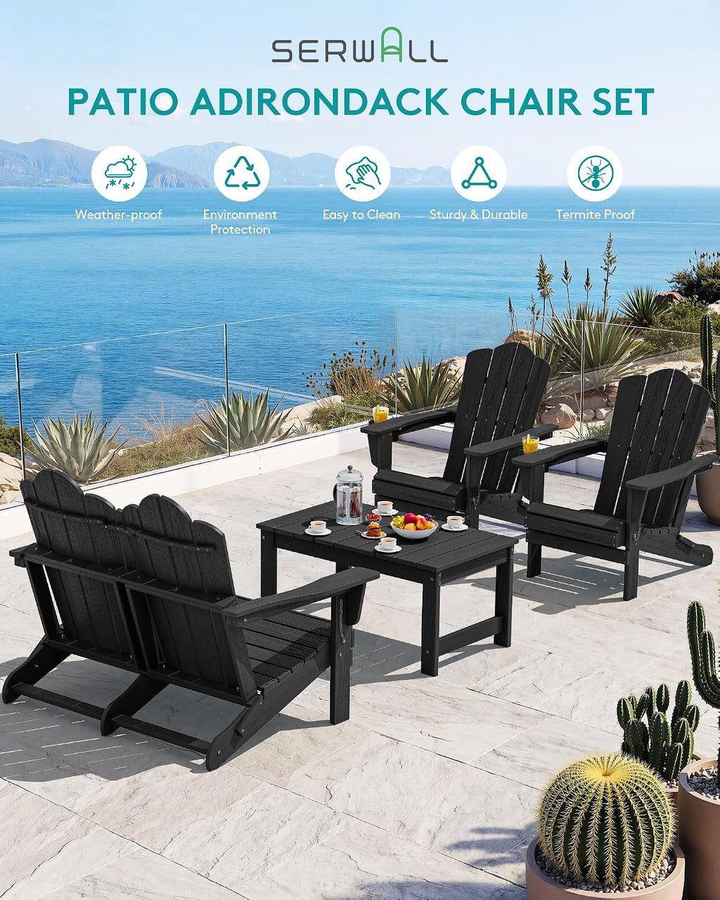 SERWALL 4 Pieces HDPE Patio Adirondack Chair Set, 2 Adirondack Chair with Cup Holder & 1 Adirondack Bench & 1 Coffee Table with Umbrella Hole, Black