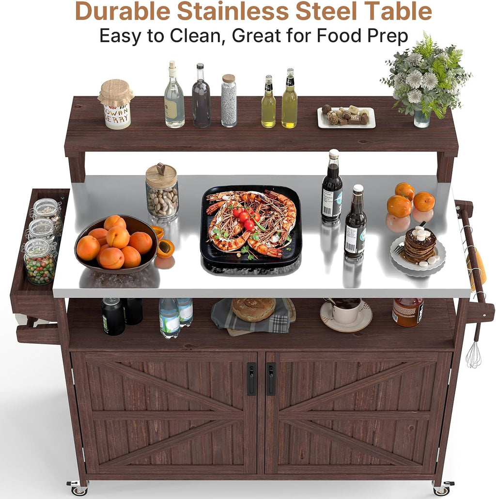 Zevemomo Outdoor Grill Cart with Raised Shelf, Stainless Steel Tabletop Outdoor Kitchen Island, Outdoor Buffet Cabinet with Lockable Wheels, Internal Storage Rack, Spice Rack for Grilling, Brown