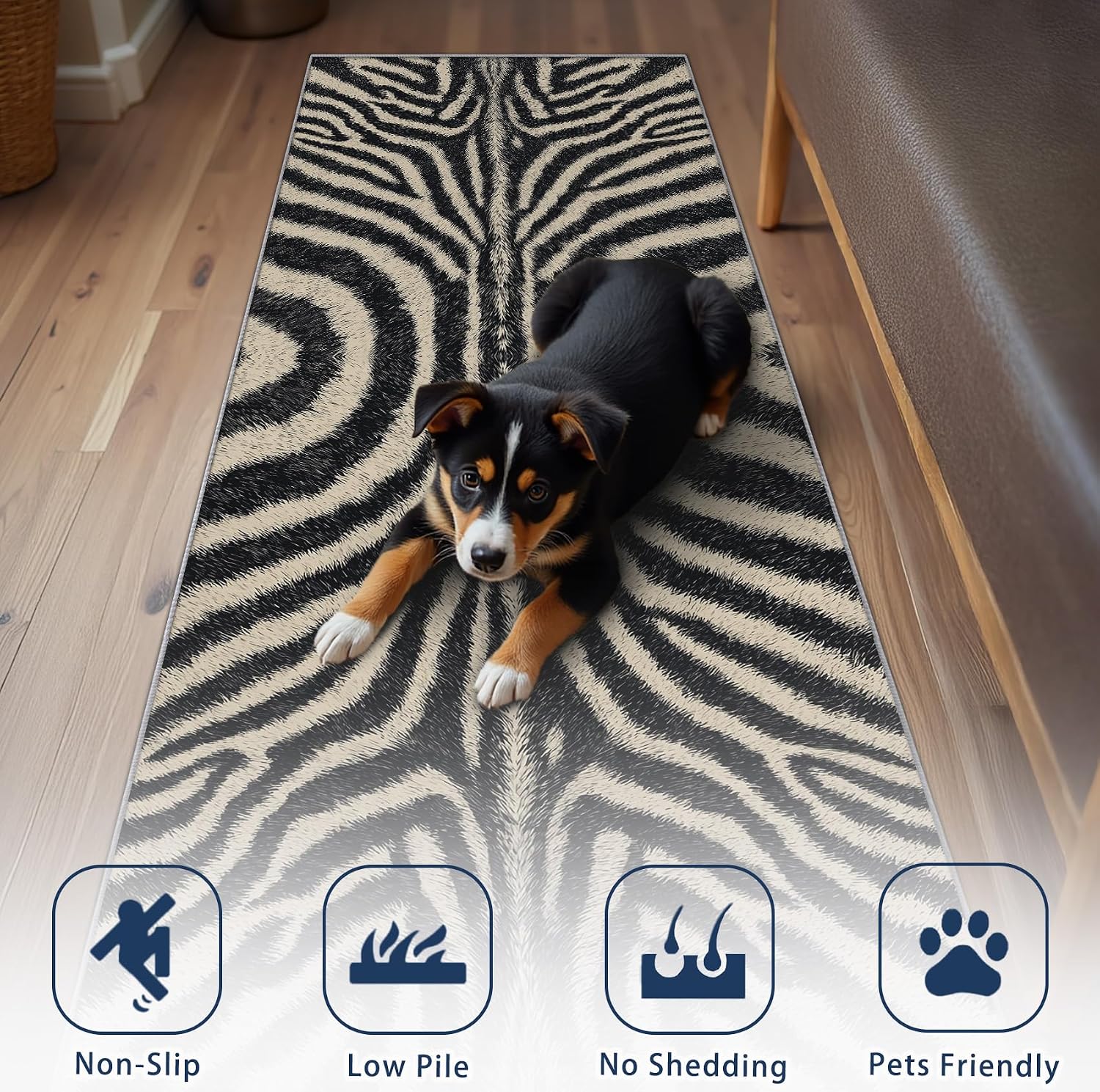 Zebra Print Rug Runner 4x10 - Washable Non Slip Runner Rug for Hallway - Zebra Skin Kitchen Rugs - Animal Print Wildlife Carpet Runners for Hallway, Laundry Room, Bedroom, Bathroom