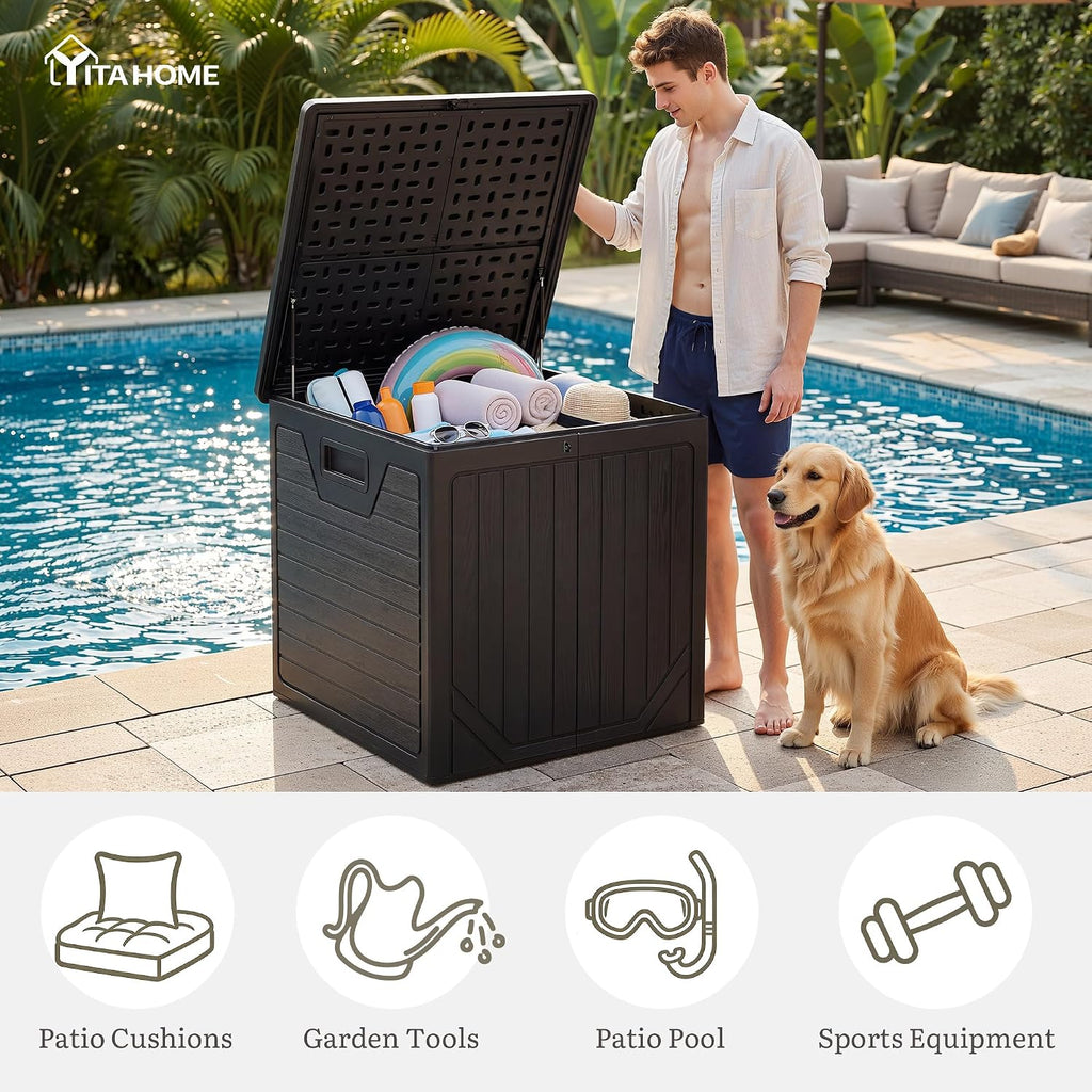 YITAHOME 150 Gallon Large Outdoor Storage Box w/Double Wall, Waterproof Deck Box with Hydraulic Piston for Garden Tools, Pool Accessories & Cushions, Resin Deck Organizer with Bench Seat(Black)