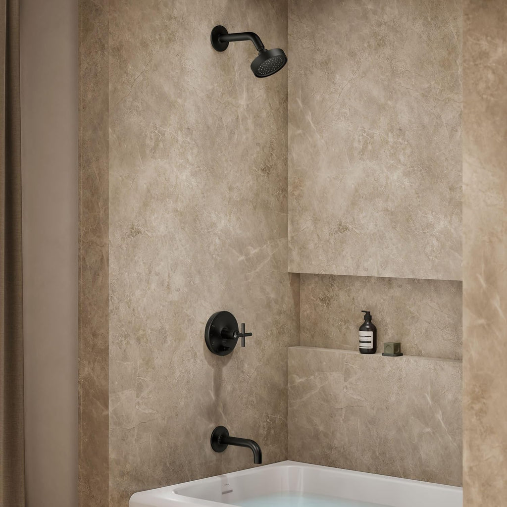 KOHLER K-T1441-3-BL Purist® Rite-Temp® Pressure-Balancing Bath and Shower Faucet Trim with Push-Button Diverter, 7-3/4-Inch Spout and Cross Handle