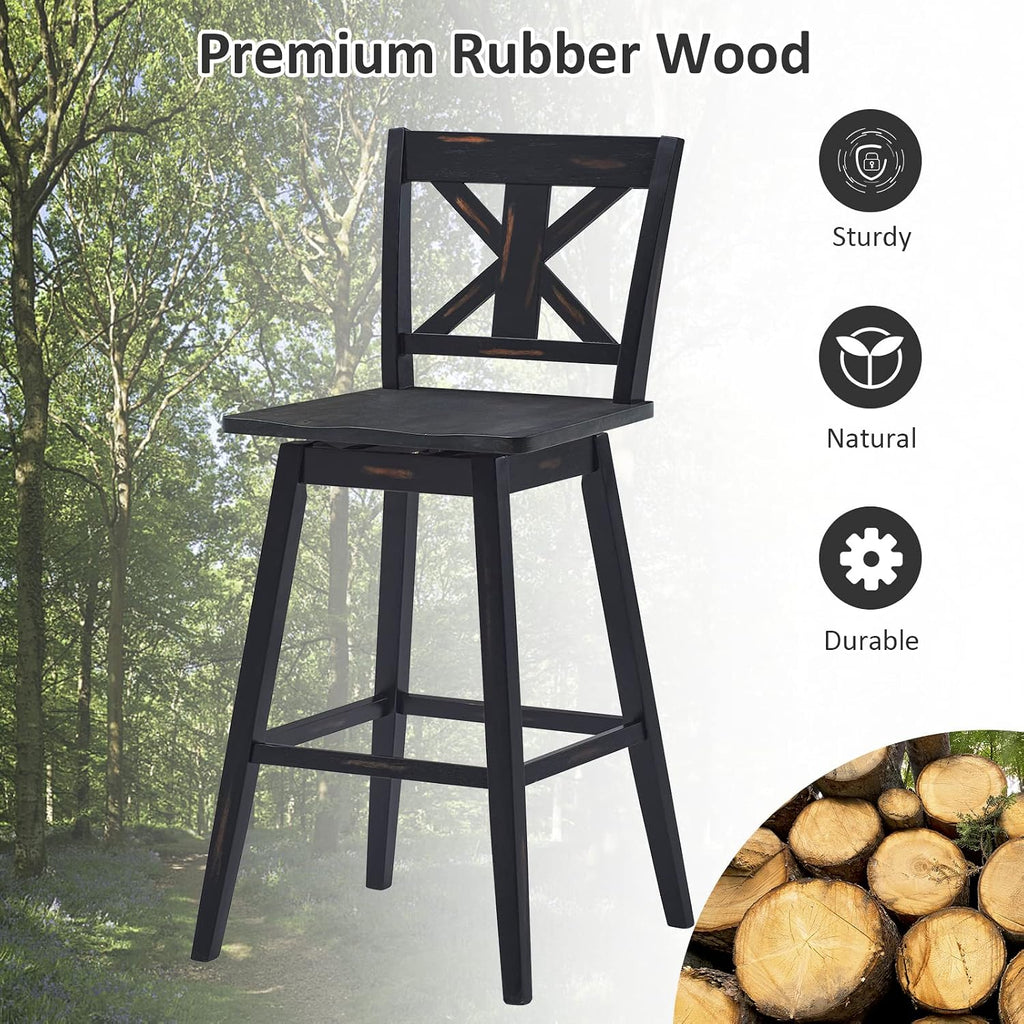 COSTWAY Bar Stools Set of 4, 360 Degree Swivel, 29-inch Height Chairs w/Non-Slip Foot Pads, Rubber Wood Bar Chairs, Vintage Bar Stools for Home, Restaurant (Black)