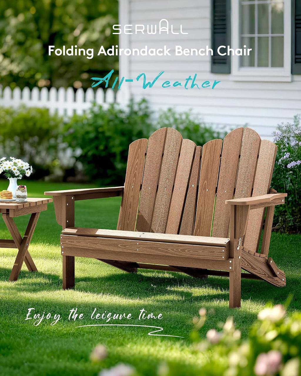 SERWALL 3 Pieces Patio Adirondack Bench Set, 2 Folding Adirondack Bench & 1 Coffee Table with Umbrella Hole Set for Front Porch Garden Balcony Backyard, Brown