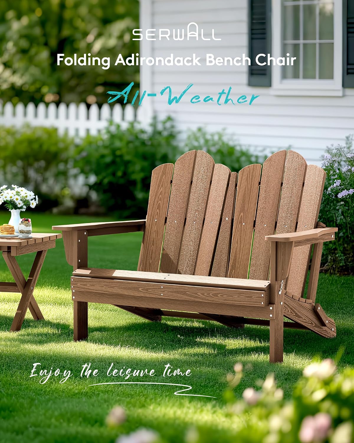 SERWALL 3 Pieces Patio Adirondack Bench Set, 2 Folding Adirondack Bench & 1 Coffee Table with Umbrella Hole Set for Front Porch Garden Balcony Backyard, Brown