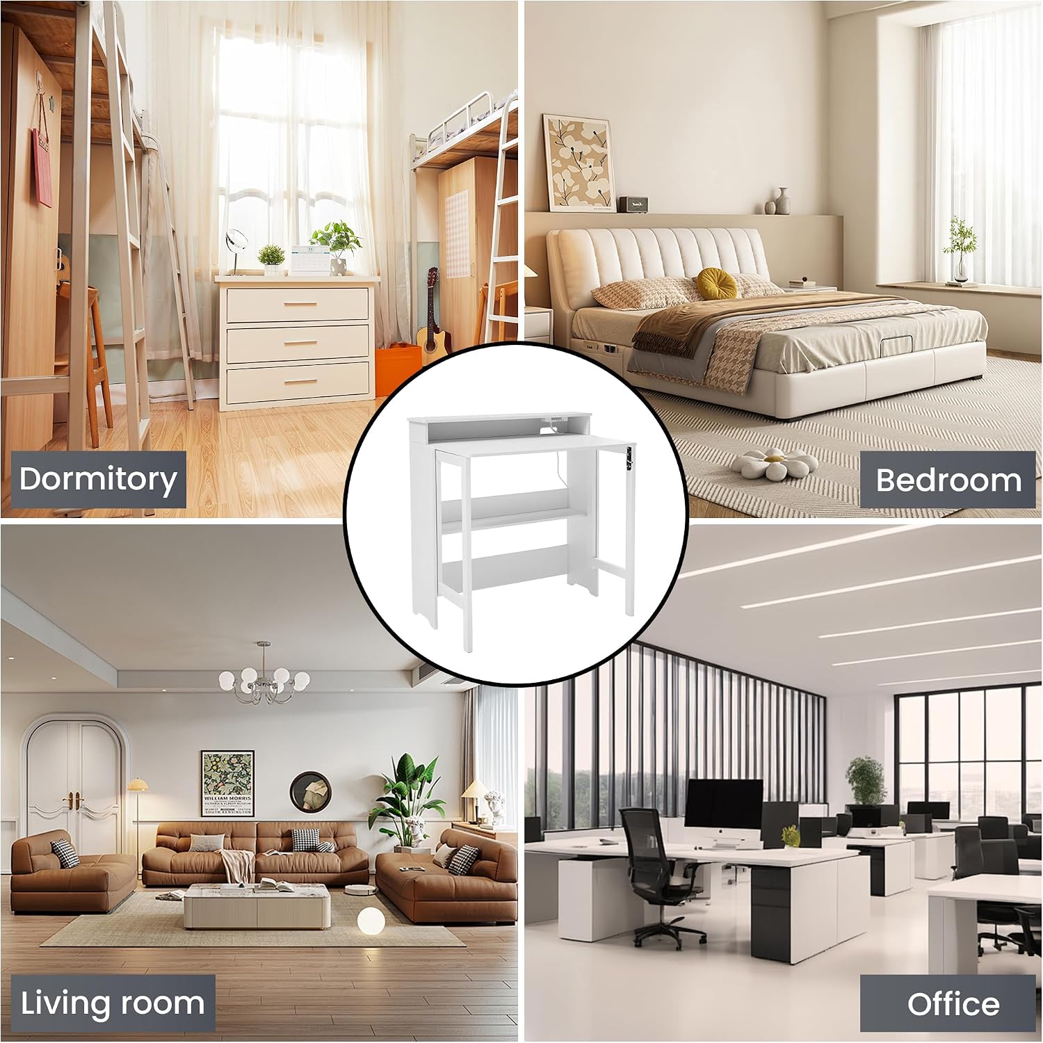 Folding Desk with Charging Station,Fold Out Desk with Monitor Stand,Storage Shelf,Small Foldable Computer Desk for Compact Home Office Spaces (White)