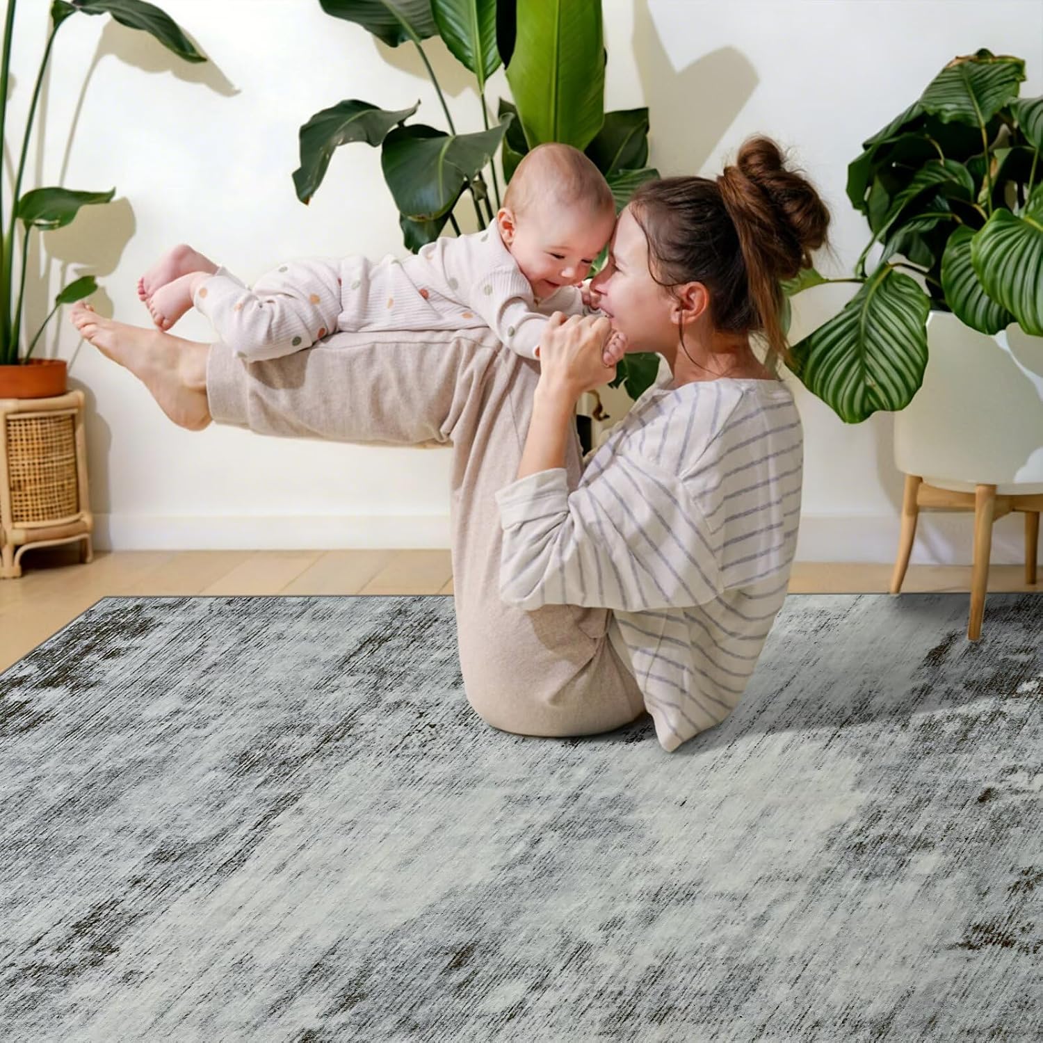 Toneed Abstract Area Rug 9x12 Modern Washable Rug Soft Non Slip Rug Low Pile for Bedroom Living Room Dining Room Grey