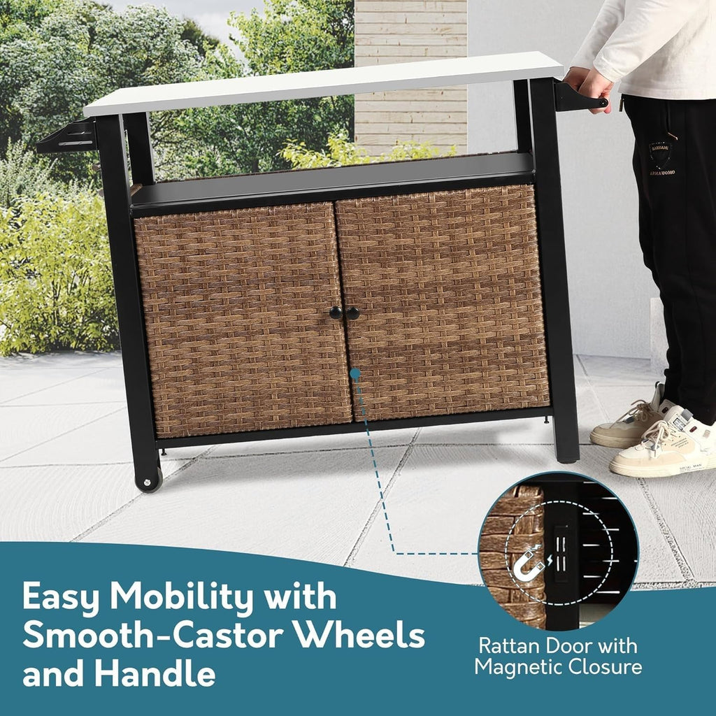 47.2' Grill Cart Outdoor with Wheels, Outdoor Prep Table with Wicker Storage and Rolling Wheels, Kitchen Island Serving Cart with Stainless Steel Table Top for BBQ, Porch, Patio, Brown