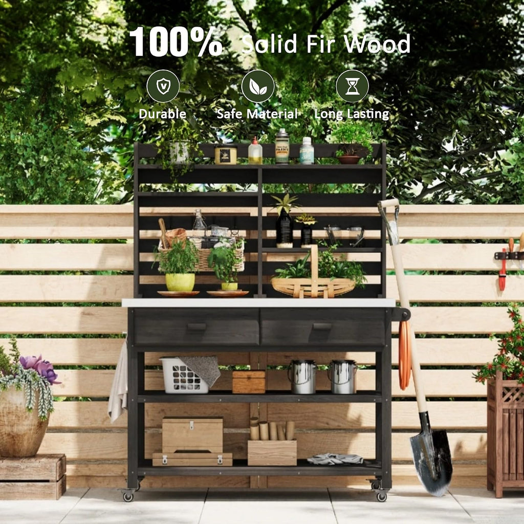 64.9' H Outdoor Potting Bench Table with Lockable Wheels,Solid Wood Outdoor Kitchen Island with Upper Hutch,Stainless Steel Top,Towel Rack,Outdoor Storage for Grilling,Lawn Garden,Grey Blue