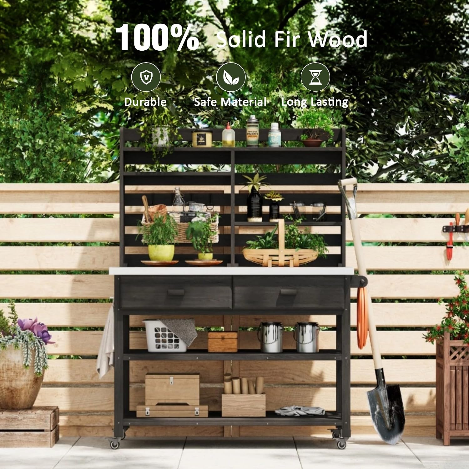 64.9' H Outdoor Potting Bench Table with Lockable Wheels,Solid Wood Outdoor Kitchen Island with Upper Hutch,Stainless Steel Top,Towel Rack,Outdoor Storage for Grilling,Lawn Garden,Grey Blue