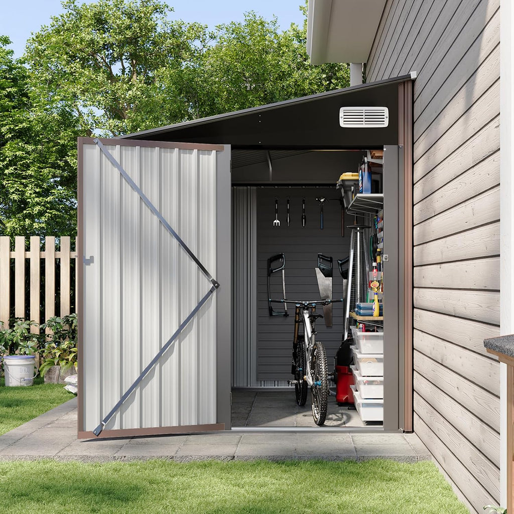8'x6' Lean to Shed Large Storage Room Galvanized Steel Storage Sheds with Side Door Waterproof Utility Shed with Sloped Roof for Mower, Bike, Garden Tools (Brown)