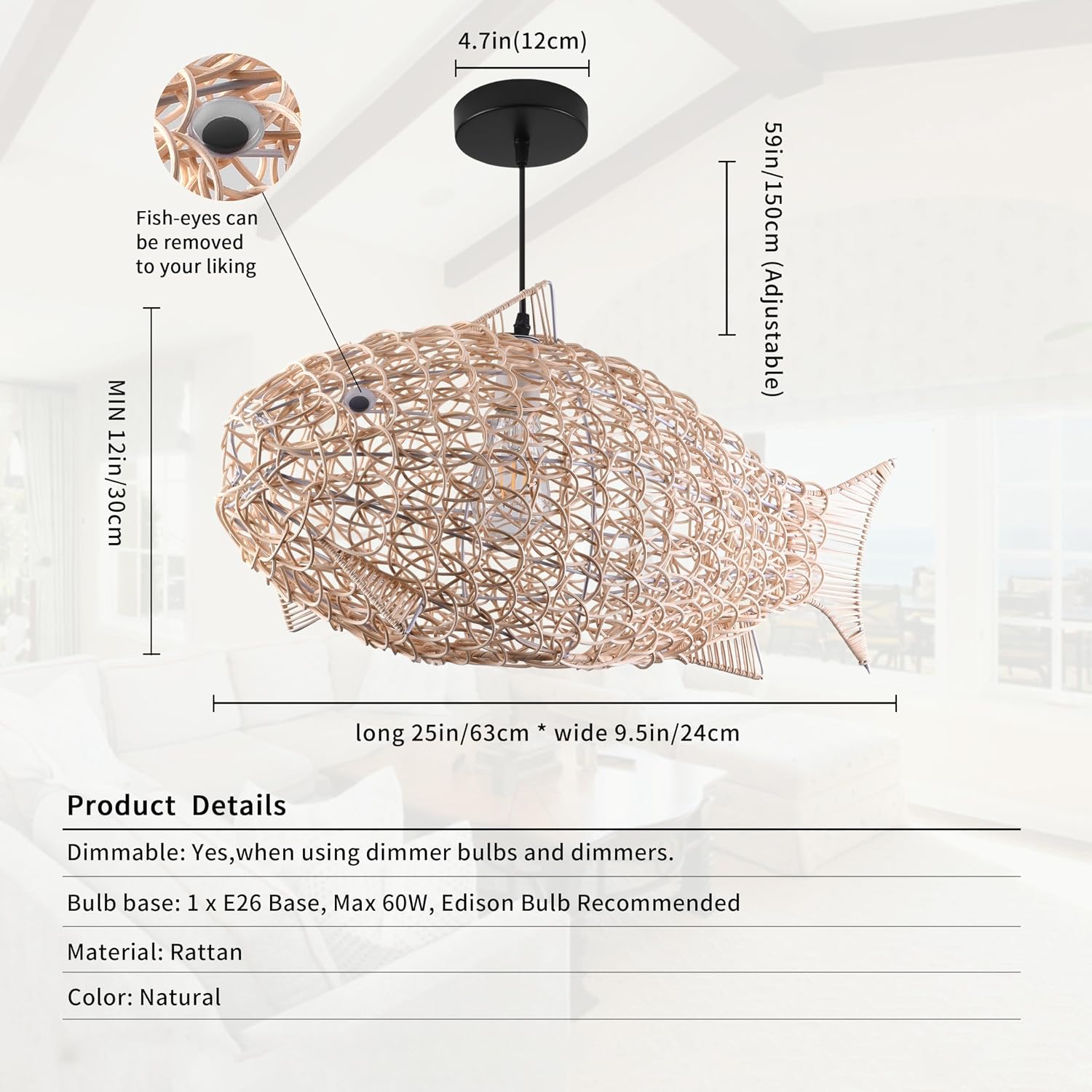 24 inch Fish-Shaped Rattan Woven Pendant Light Boho Chandelier Rustic Farmhouse Chandelier Rattan Light Fixture for Dining Room Living Room Bedroom Kitchen Foyer(Bulb Included)