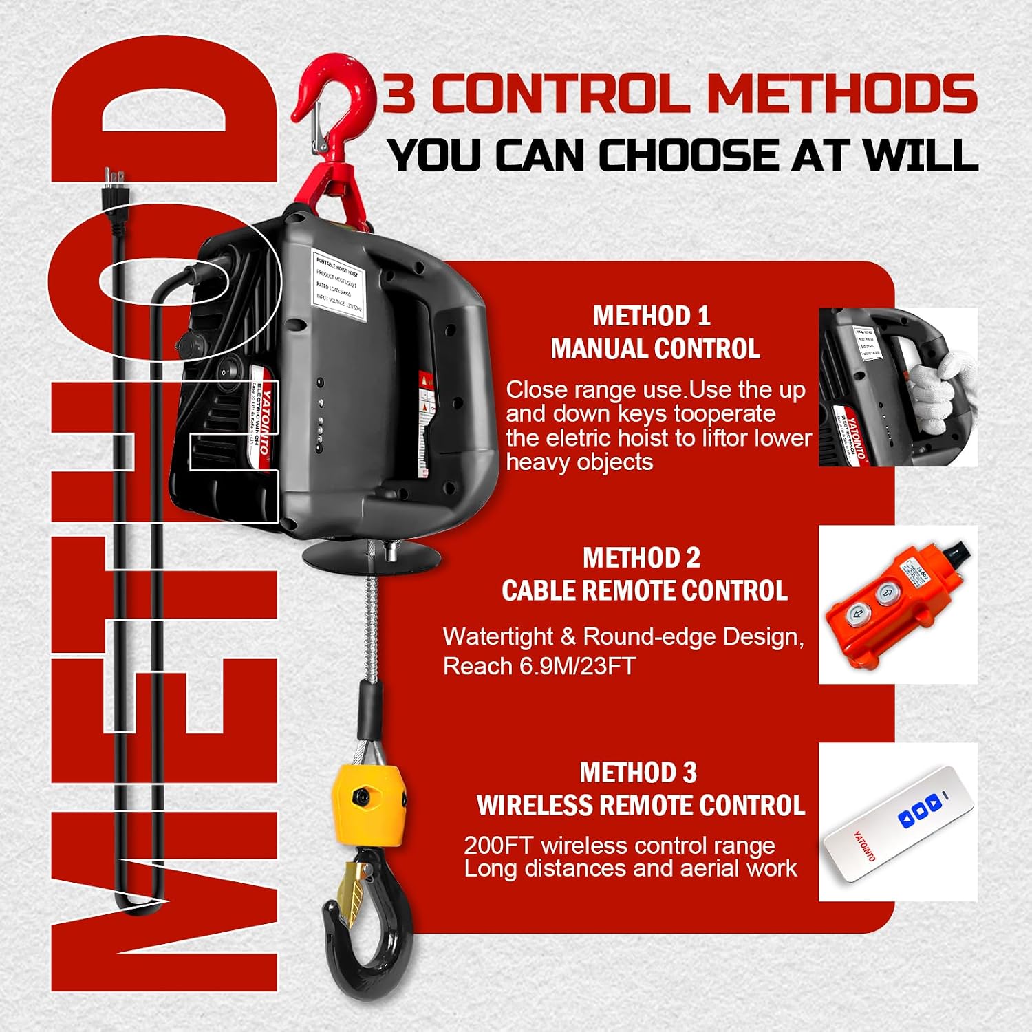 3-in-1 Electric Hoist 110 Volt,1100LBS Portable Electric Winch with Manual/Cable/Wireless Remote Control for Garage, Warehouse, Factory Lifting Towing