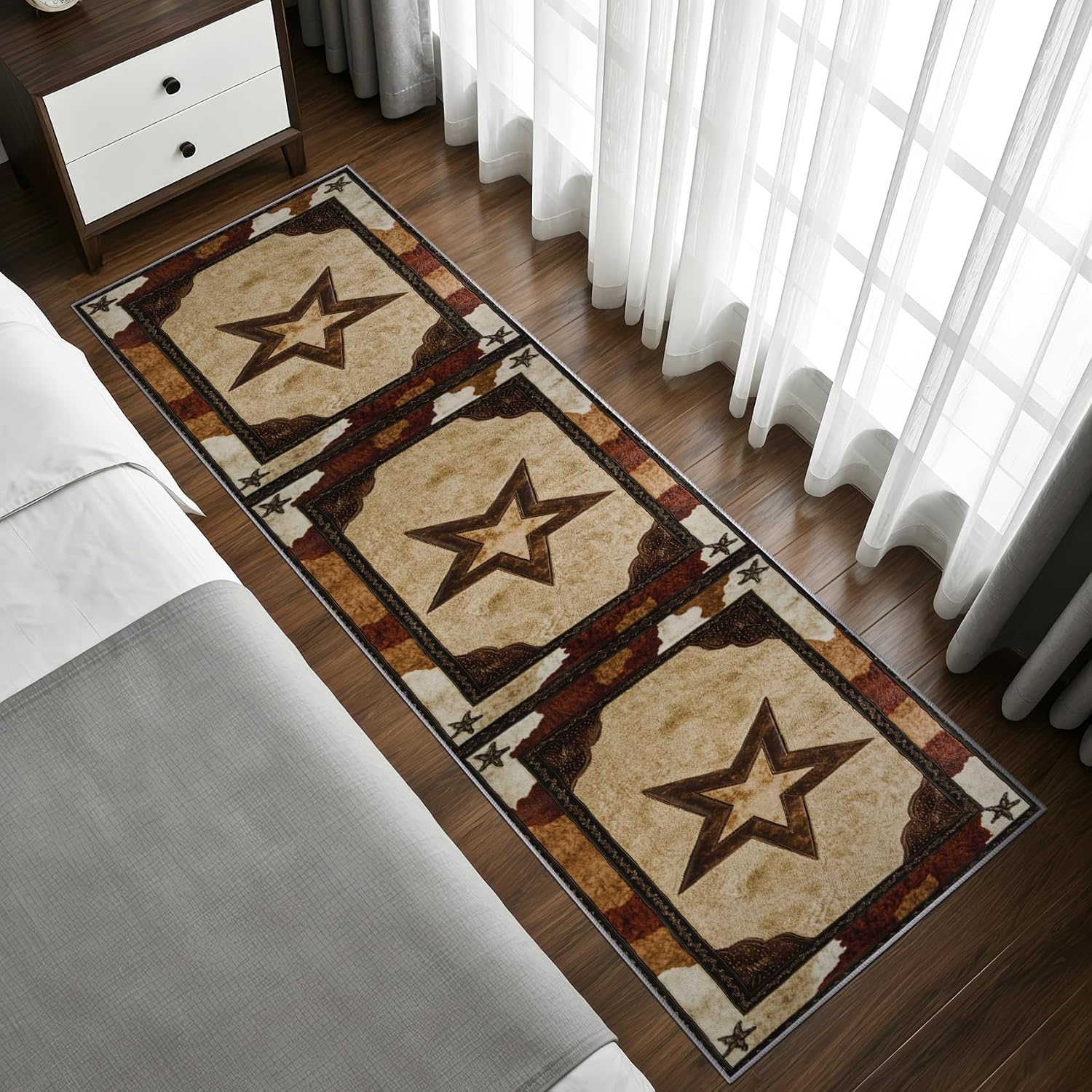 Texas Star Runner Rug for Hallway - 4x12 Washable Rug Runner Non Slip - Western Cowboy Kitchen Rugs - Rustic Farmhouse Cowhide Carpet Runners for Hallway, Laundry Room, Bedroom, Bathroom