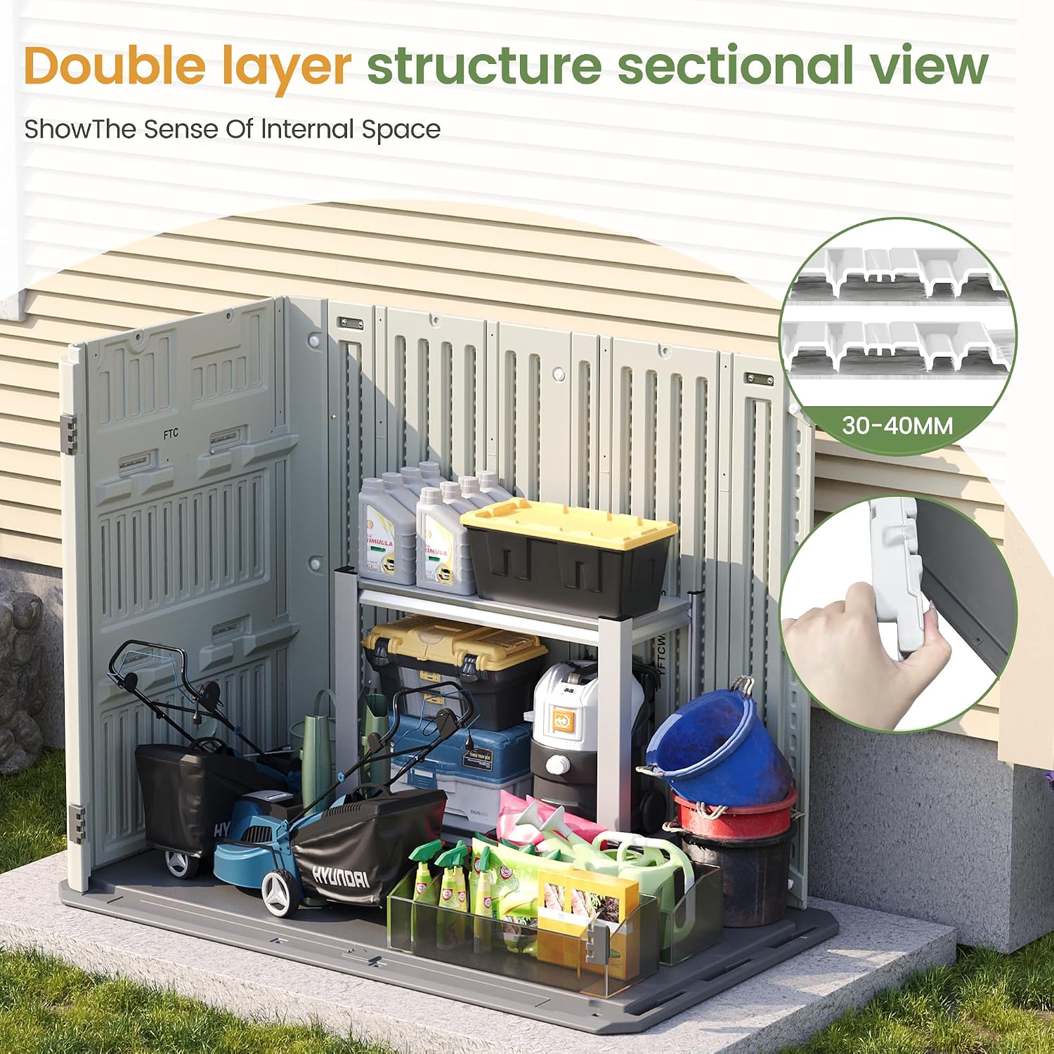Amopatio 37 Cu Ft Premium Vertical Storage Shed, Outdoor Resin Shed with Floor, Waterproof Weather Resistance Plastic Cabinet, Lockable Doors for Patio, Garden Tools, Lawn, Grey&White