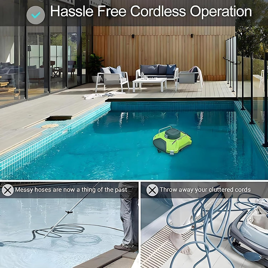 Robot Pool Vacuum Cleaner,Automatic Cordless Robotic Pool Cleaner W/Cleaner Hook Kit,Maximum Cleaning Area 1050 Sq.ft,120 Mins Runtime, 180um Fine Filter
