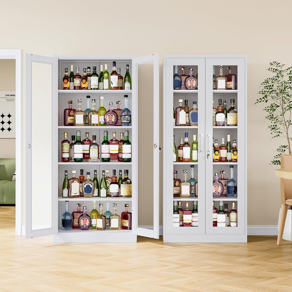 Metal Storage Cabinet with Lock and Glass Doors,71' Tall Glass Display Cabinet,White Storage Cabinets,Locking Curio Cabinets with 5 Shelves for Collectibles,Home,Office,Living Room