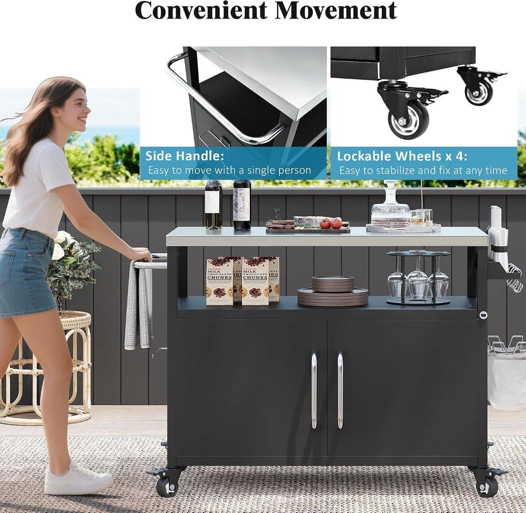 Merax 54.5' Outdoor Kitchen Island with Stainless Steel Tabletop, Metal Grill Cart Table with Storage Cabinet, Spice Rack and Towel Rack, Outdoor Bar Cart with 4 Lockable Wheels for BBQ, Black