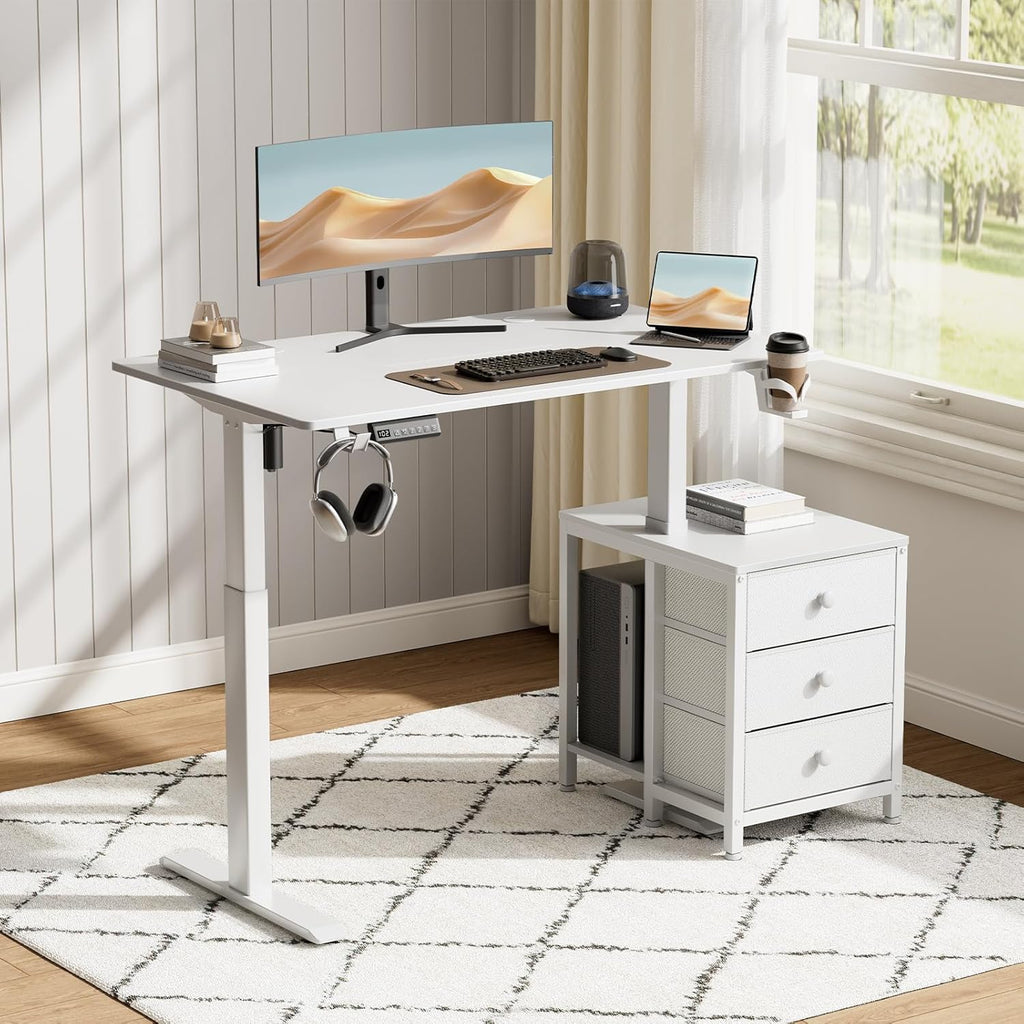 REAHOME Electric Standing Desk with Drawers, 47 x 24 Inches Height Adjustable Sit Stand Desk with Storage, 3 Memory Preset Home Office Computer Table, Printer Cabinet, 2 Hooks, Cable Management, White