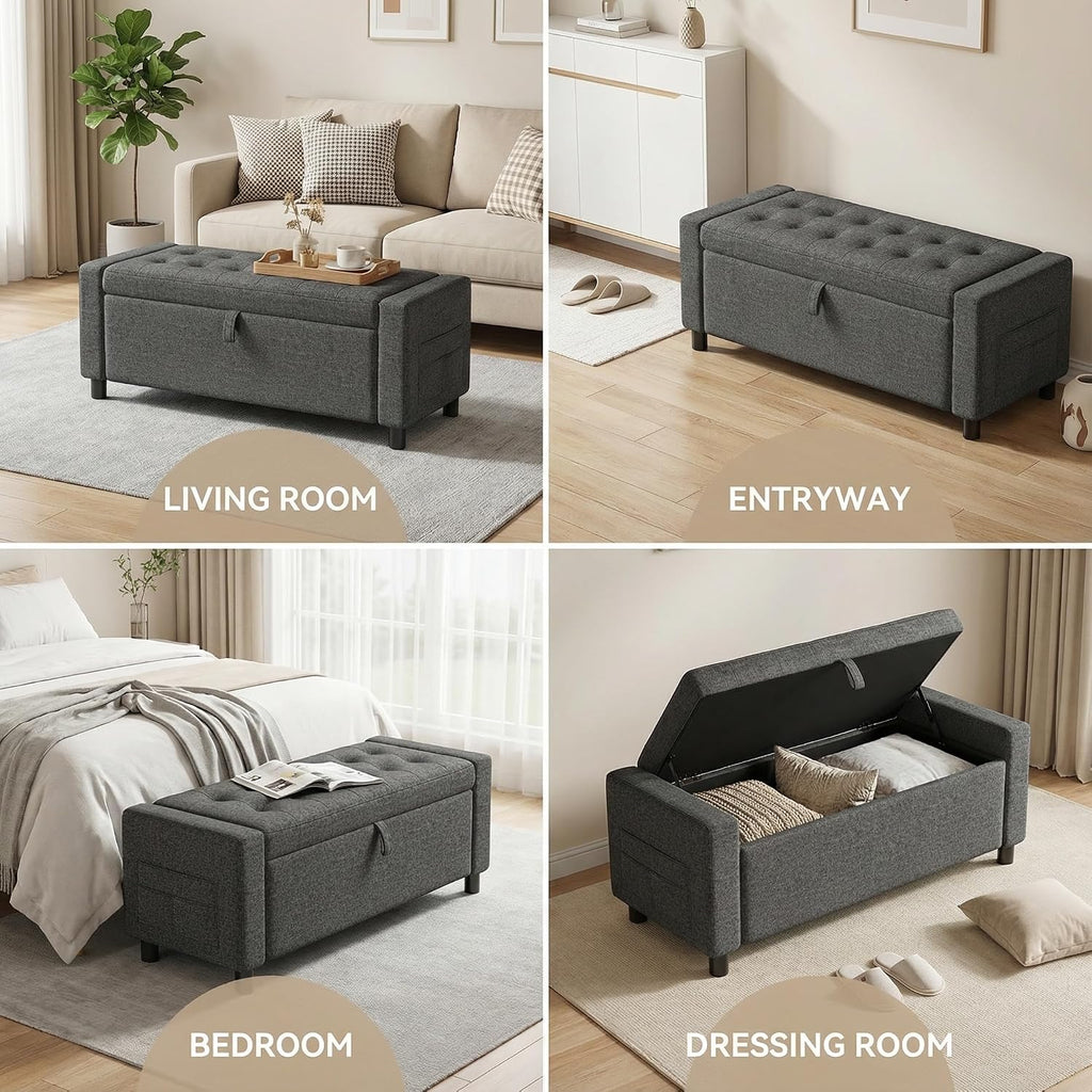 Amada 46' Ottoman with Storage,Storage Ottoman Bench with Safety Hinge, Hidden Compartment & Side Pocket, 400 lbs Weight Capacity, end of Bed/Entryway Bench for Bedroom/Living Room, Dark Gray