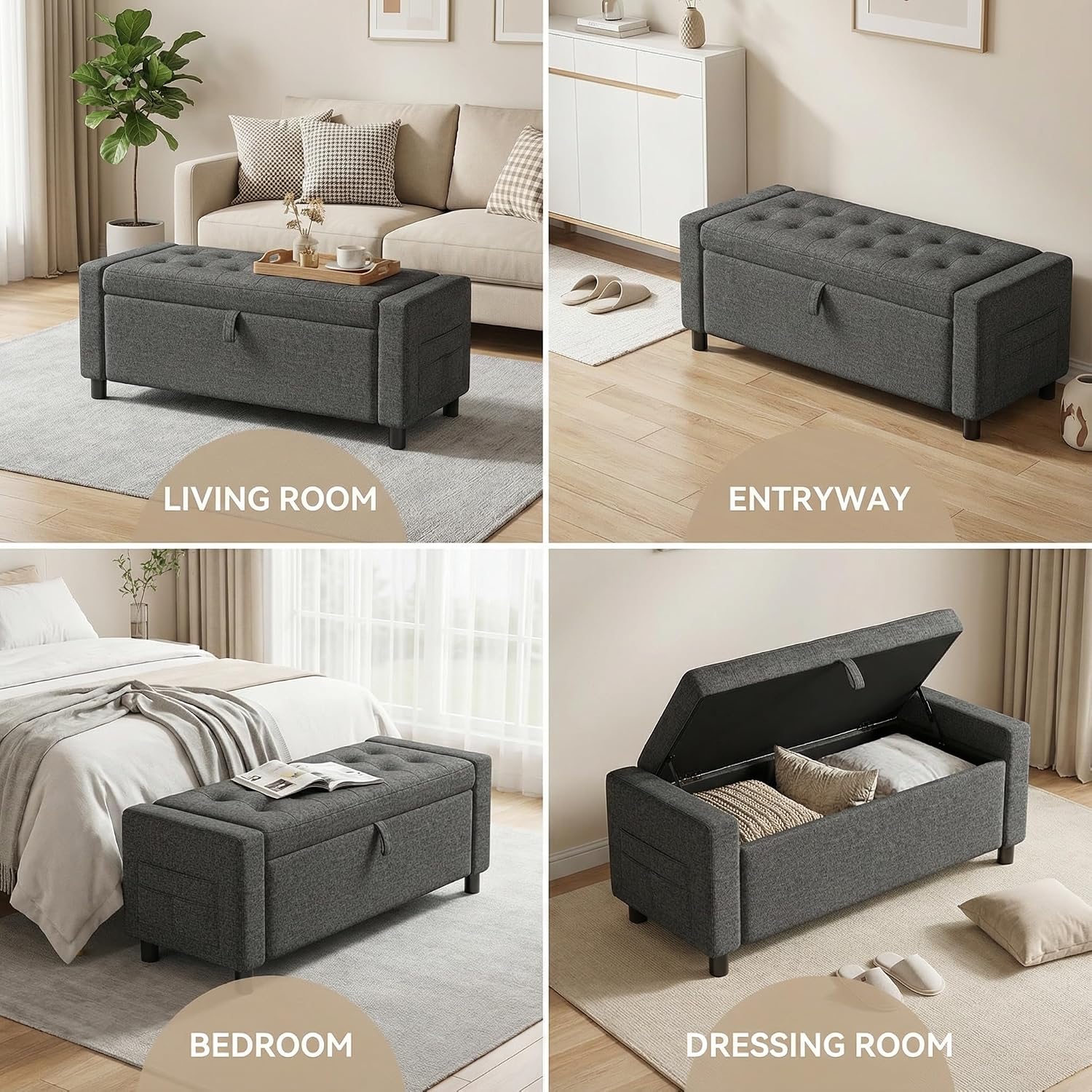 Amada 46' Ottoman with Storage,Storage Ottoman Bench with Safety Hinge, Hidden Compartment & Side Pocket, 400 lbs Weight Capacity, end of Bed/Entryway Bench for Bedroom/Living Room, Dark Gray