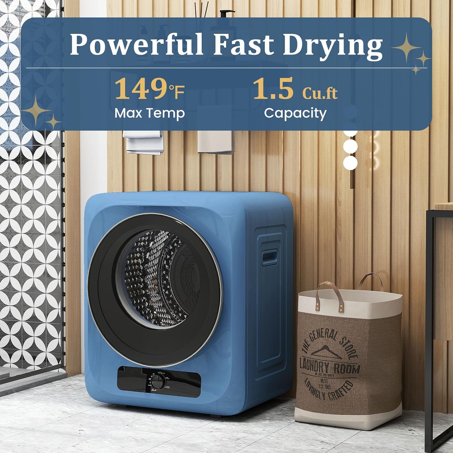 Auertech 1.5 Cu.Ft Portable Clothes Dryer, 850 W Front Load Electric Dryer Machine with Stainless Steel Drum, Simple Control Knob, Compact Tumble Dryer for Laundry Apartment, Dorm, RV, Blue