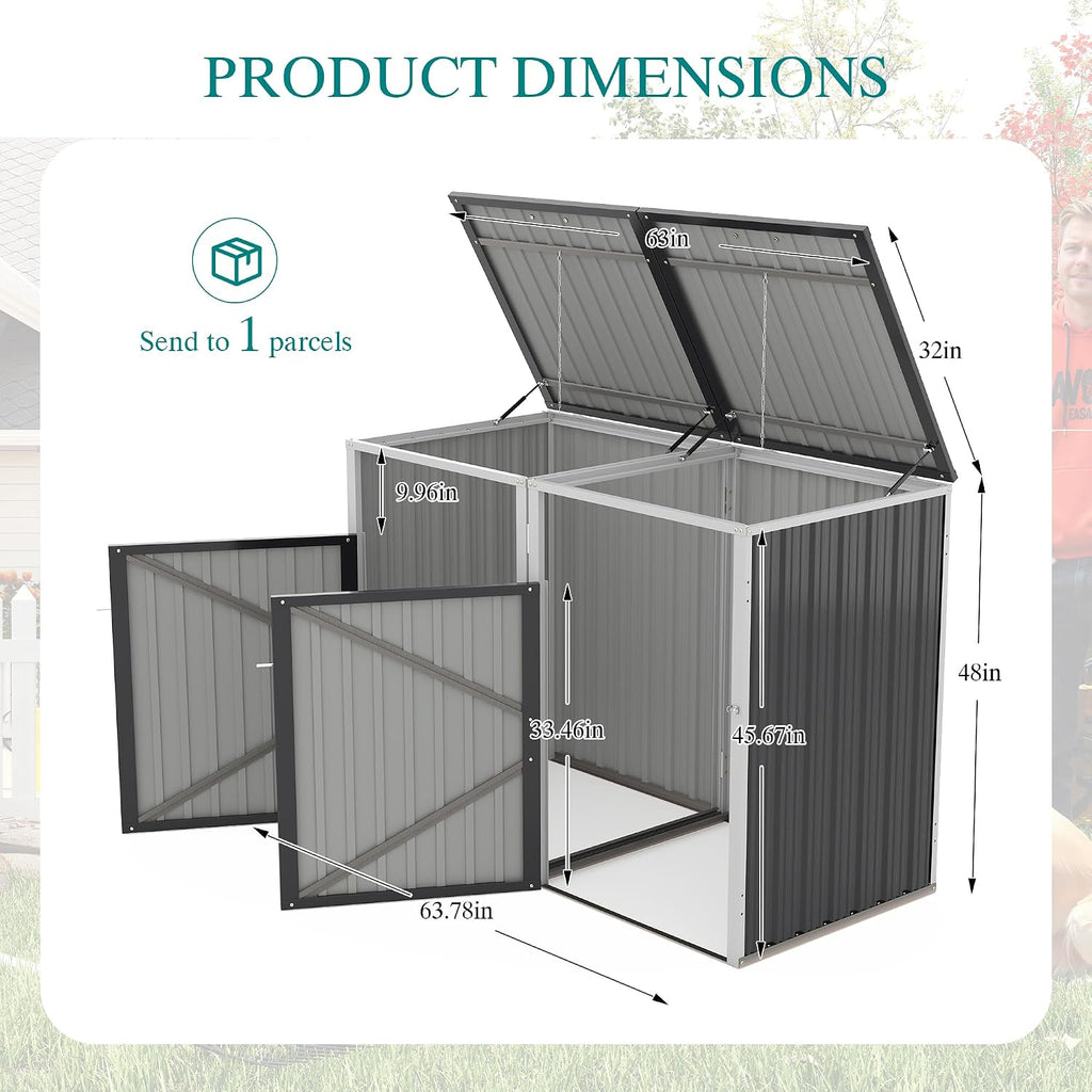 KEIKI 54 Cu.Ft Outdoor Trash Can Storage Shed for 2 Bins, Galvanized Metal Garbage Bin Enclosure with Hydraulic Lid & Dual Chain Design, Weather-Resistant, Dark Gray