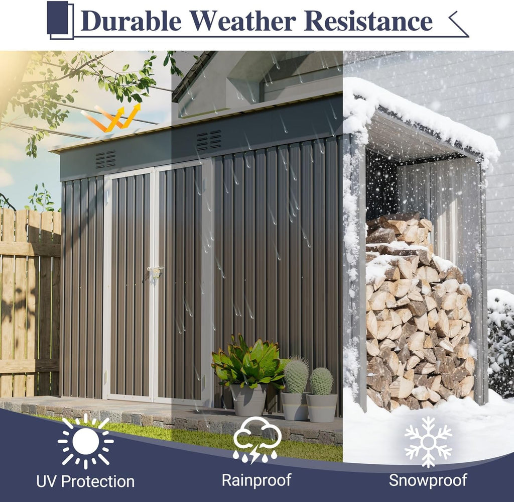 10x4 FT Outdoor Storage Shed with Frame Floor, Open Firewood Bay, 2 Vents – Lockable Double Doors, Aluminum Frame, Weatherproof for Garden, Backyard, Patio, and Equipment Storage