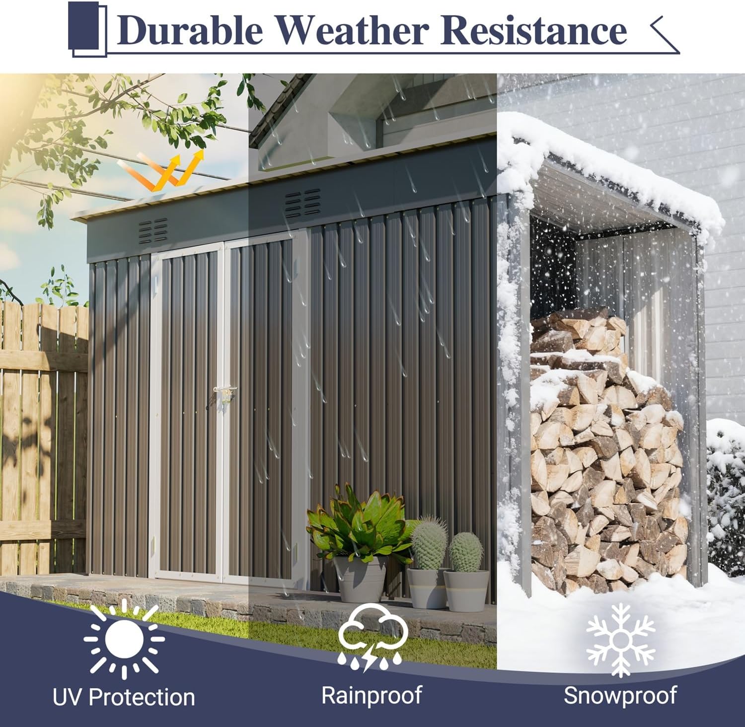 10x4 FT Outdoor Storage Shed with Frame Floor, Open Firewood Bay, 2 Vents – Lockable Double Doors, Aluminum Frame, Weatherproof for Garden, Backyard, Patio, and Equipment Storage