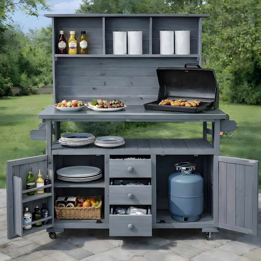 65''H Large Garden Potting Bench, Solid Fir Wood Outdoor Kitchen Island with Lockable Wheels, Stainless Steel top, Drawers, Shelf and Cabinets, Door Shelves and Hutch for Grilling (Gray-113)