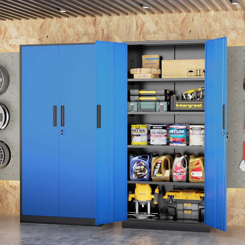 Bonusall 72' Metal Garage Storage Cabinet, 2 Locking Doors & 4 Adjustable Shelves Tall Storage, Heavy Duty Steel Tool Cabinet for Home, Office, Warehouse, School - Black Blue