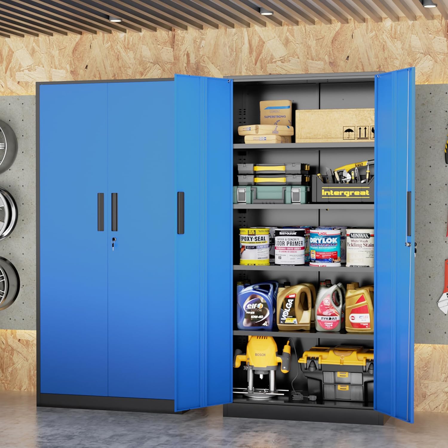 Bonusall 72' Metal Garage Storage Cabinet, 2 Locking Doors & 4 Adjustable Shelves Tall Storage, Heavy Duty Steel Tool Cabinet for Home, Office, Warehouse, School - Black Blue