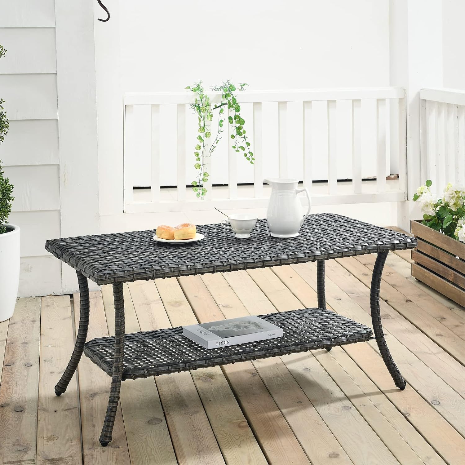 HUMMUH Wicker Patio Coffee Table,Rattan Outdoor Coffee Table with 2-Layer Storage Furniture Tables for Garden,Porch,Backyard (Grey)