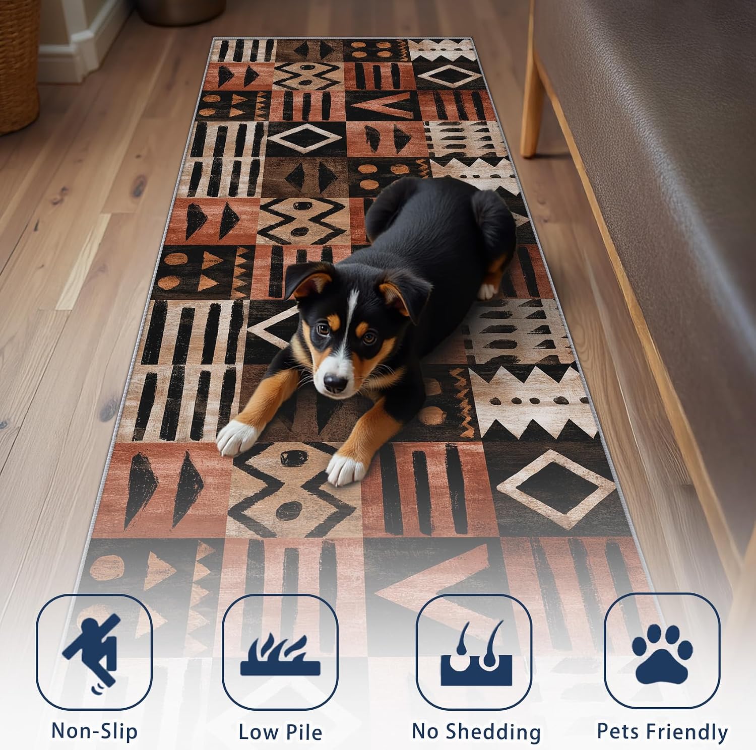 Tribal Runner Rug for Hallway - 3x12 Washable Rug Runner Non Slip - African Boho Kitchen Rugs - Afro Ethnic Geometric Carpet Runners for Hallway, Laundry Room, Bedroom, Bathroom
