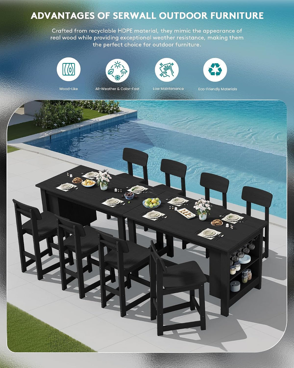 SERWALL Outdoor Bar Table, All Weather HDPE 36' Counter Height Dining Table with Storage and Wine Rack for Patio, Garden, Backyard, Balcony, Poolside, Black