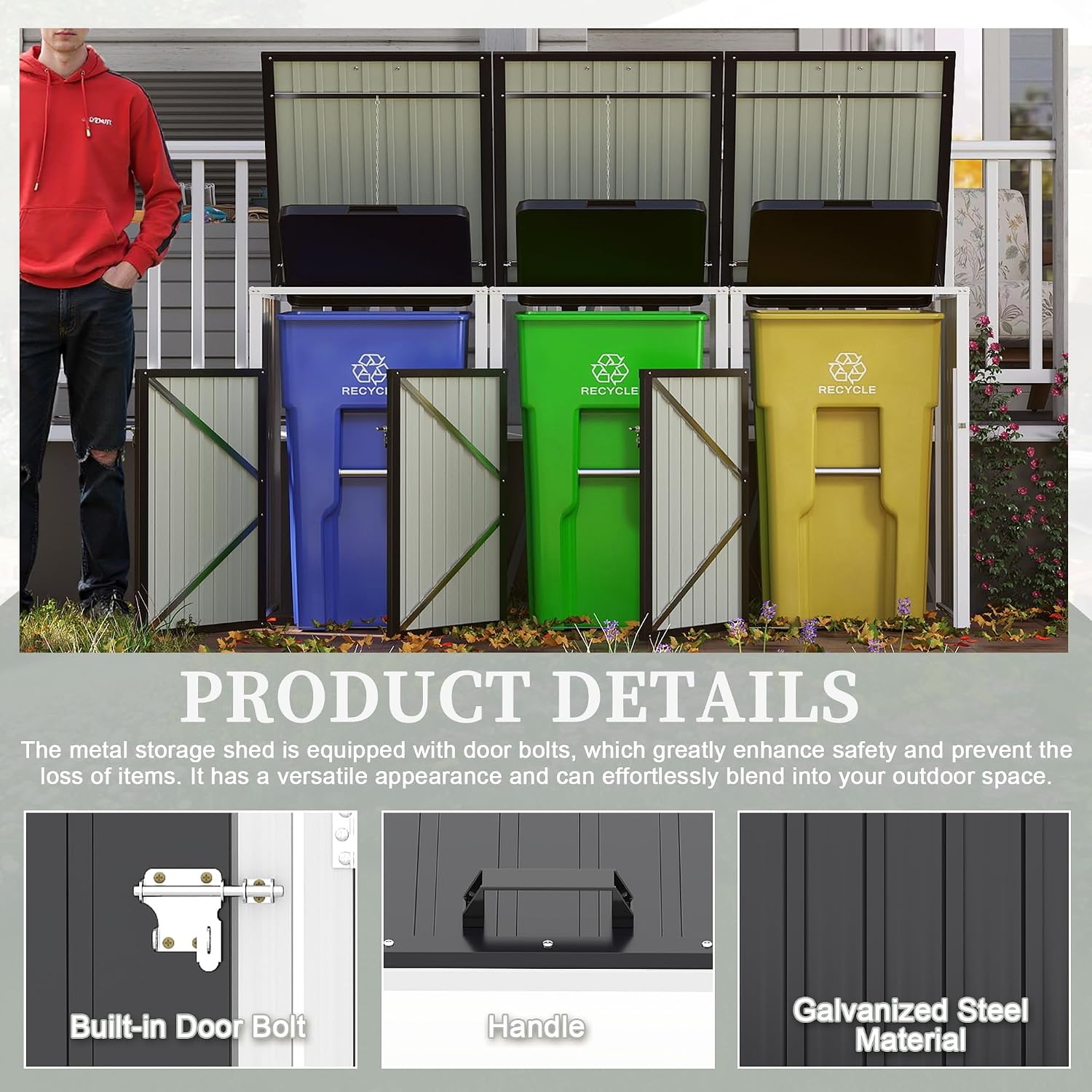 KEIKI 83 Cu.Ft Metal Outdoor Trash Can Storage Shed for 3 Bins, Garbage Bin Enclosure with Pneumatic Lid & Double Chain Design, Outdoor Storage for Garden, Patio & Lawn, Dark Gray