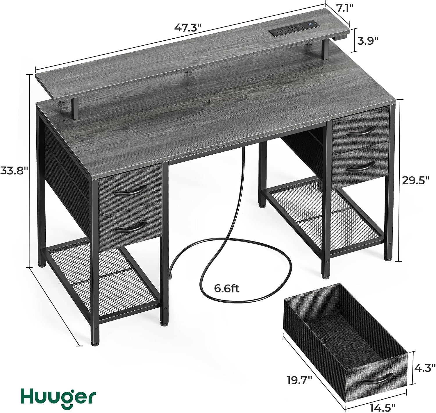Huuger 47 inch Computer Desk with 4 Drawers, Gaming Desk with LED Lights & Power Outlets, Home Office Desk with Large Storage Space for Bedroom, Work from Home, Grey