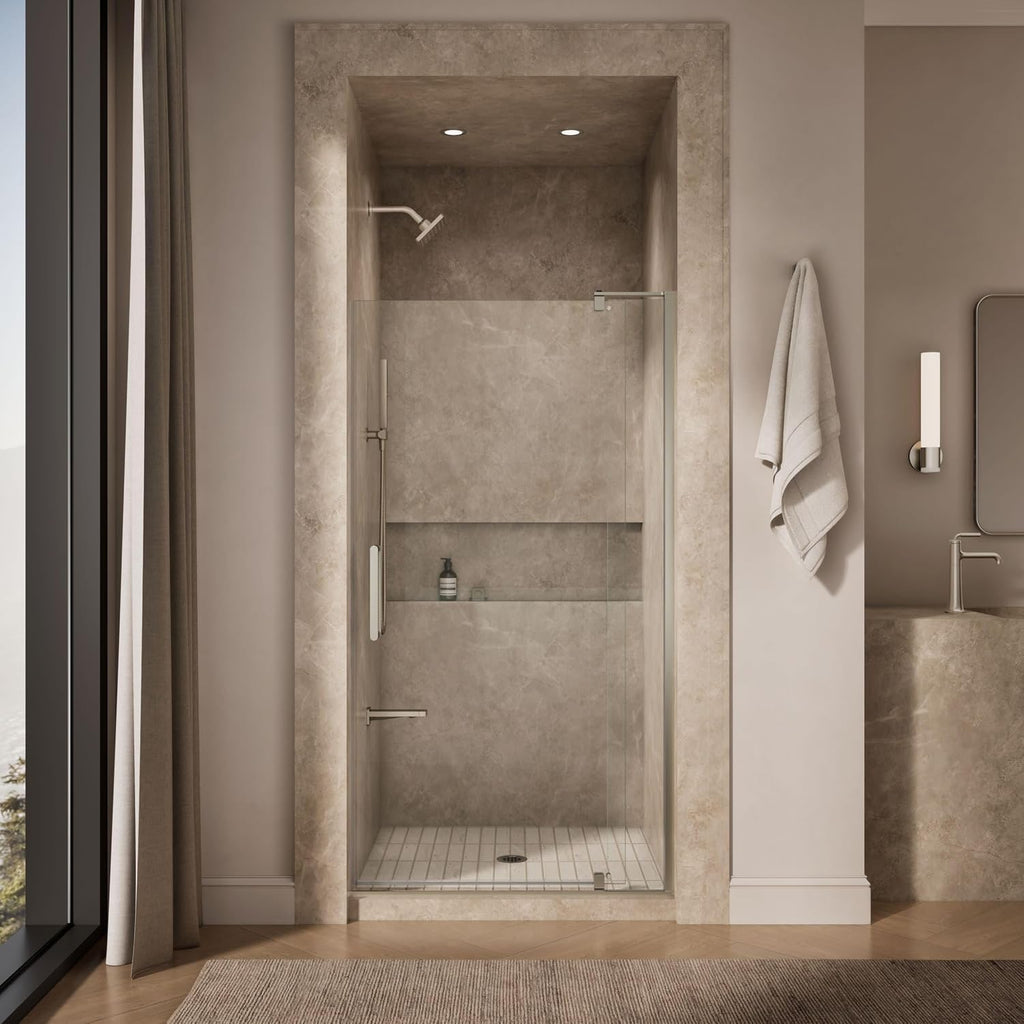 KOHLER pivot shower door, 74'H x 35-1/8-40'W, with 5/16' thick Crystal Clear glass