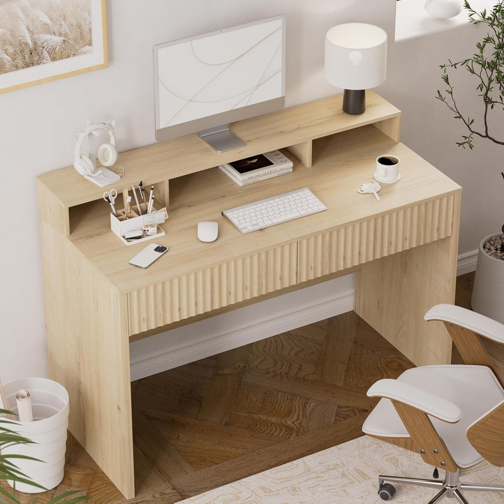 47' Executive Desk with Fluted Drawer, Modern Home Office Desk with Long Monitor Stand and 2 Drawers, Computer Writing Desk for Study Office Vanity, Light Oak