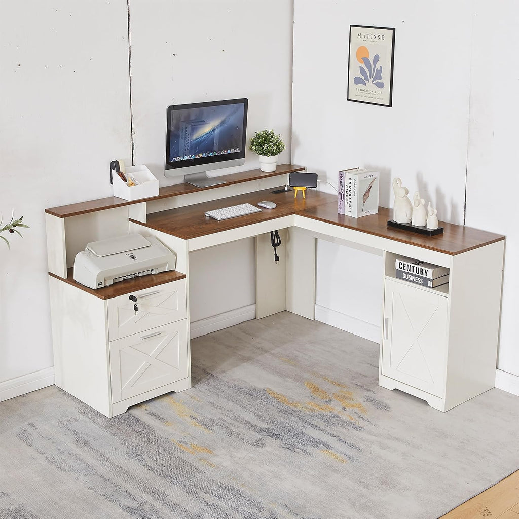 60' L Shaped Executive Desk with Printer Space,Corner Computer Desk with Power Outlets,Lockable Drawers & Adjustable File Cabnet,L Shaped Office Desk with Monitor Stand