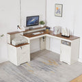 60' L Shaped Executive Desk with Printer Space,Corner Computer Desk with Power Outlets,Lockable Drawers & Adjustable File Cabnet,L Shaped Office Desk with Monitor Stand