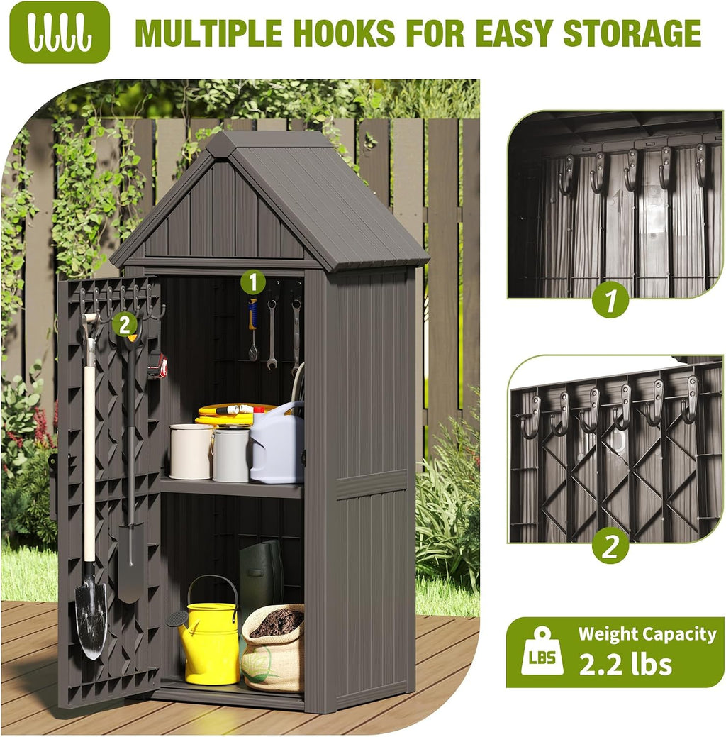 Outdoor Storage Shed, Waterproof Storage Cabinet with Sloping Roof and Lockable Door, Resin Shed with Ample Space, Multiple Hooks for Backyard Patio, Garden, Lawn, Classic Grey