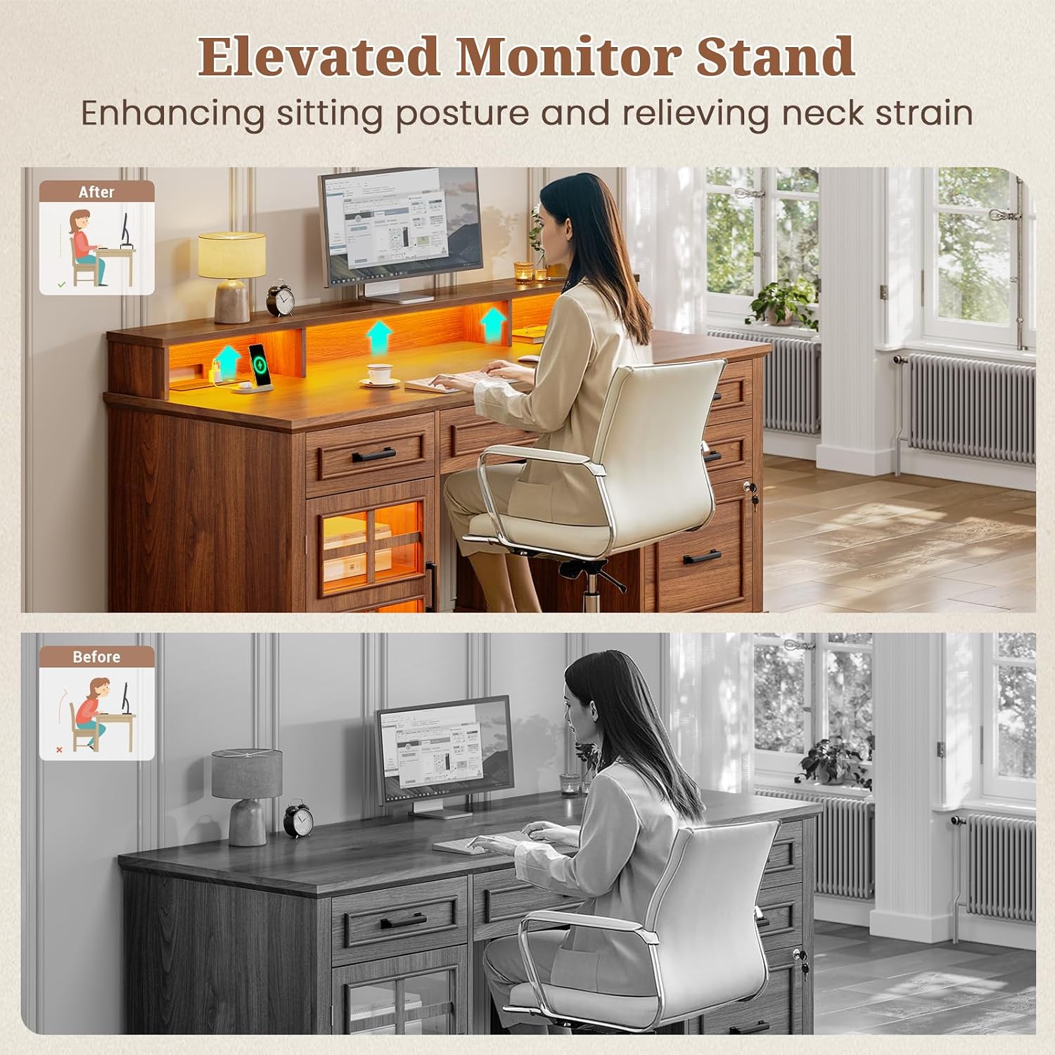 UPOSOJA 60'' Farmhouse Executive Desk with Drawers, Home Office Desk with Power Outlet & LED Light, Wood Computer Desk with Monitor Stand, Locking File Drawer, Glass Storage Cabinet, Hooks