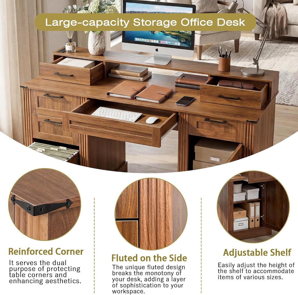 59.5' Farmhouse Office Desk with USB Charging Station, Fixed Monitor Stand with Drawers, Convertible Keyboard Tray & File Cabinet, Home Computer Workstation with Large Storage