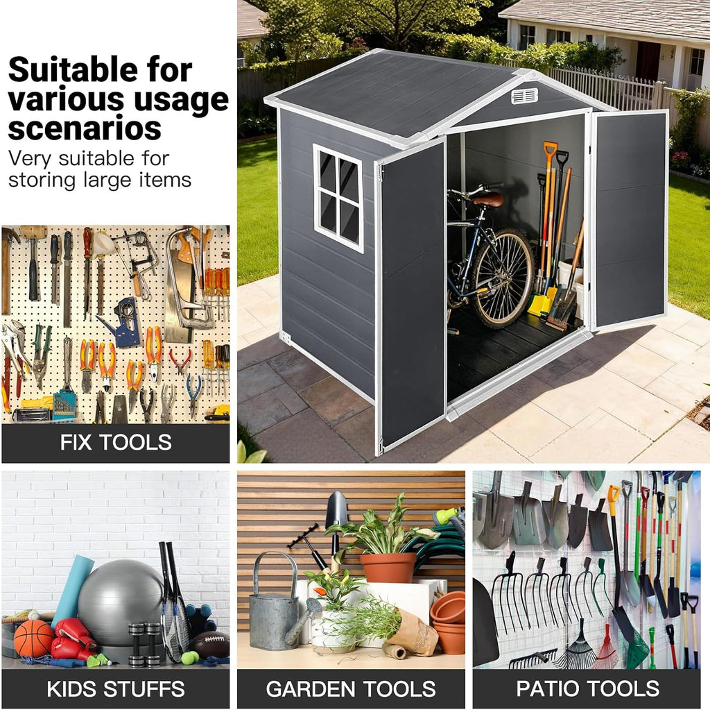 YOPTO 6x4 FT Plastic Storage Shed,Outdoor Storage Shed with Floor and Lockable Door,Waterproof Garden Shed W/Windows & Vents,Sloped Roof,Tool House for Storing Bicycles,Lawnmowers,Gray