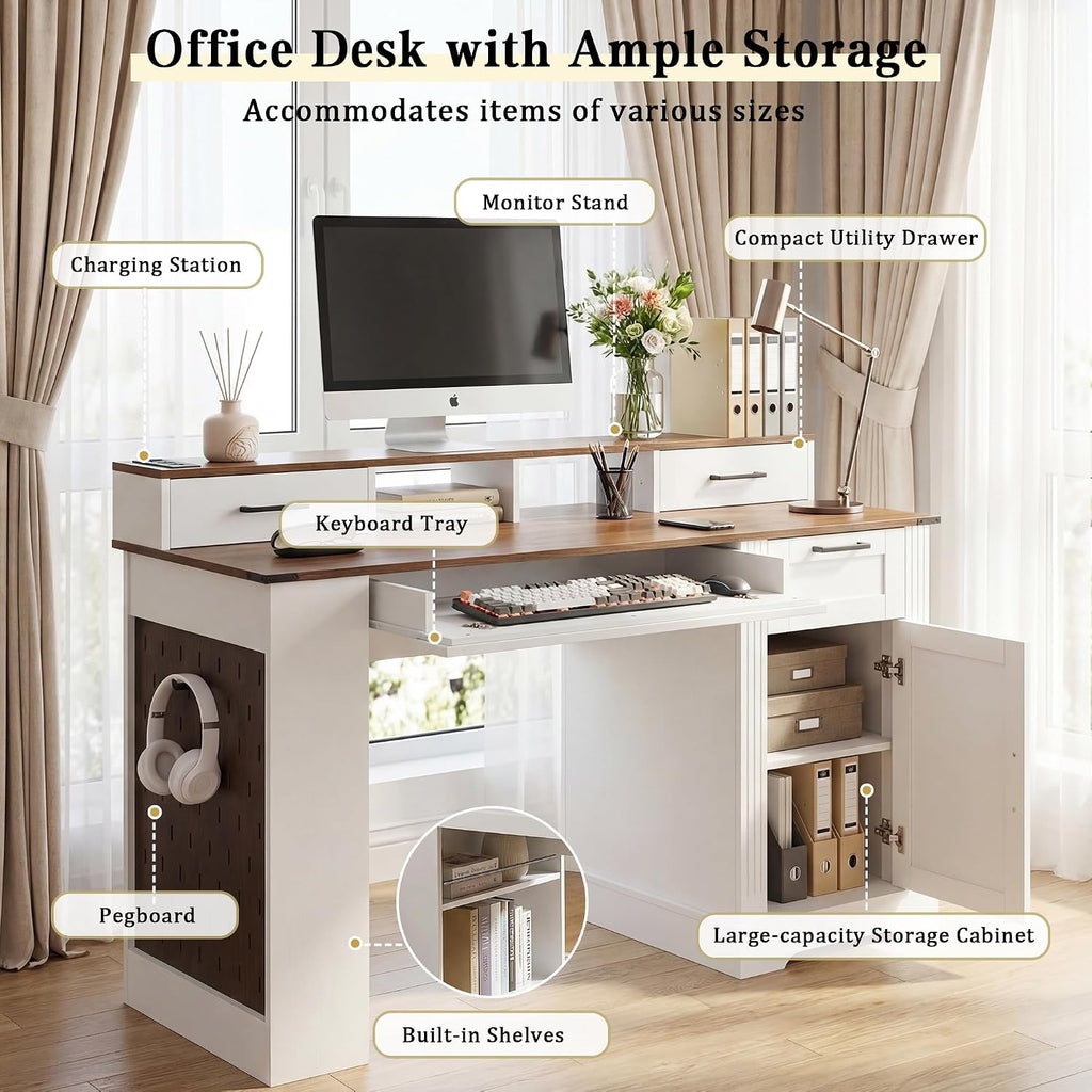 RiteSune 55' Farmhouse Computer Desk with Power Outlets, Removable Monitor Stand with Drawers, Keyboard Tray & Storage Cabinet, Home Office Writing Desk with Pegboard Organizer